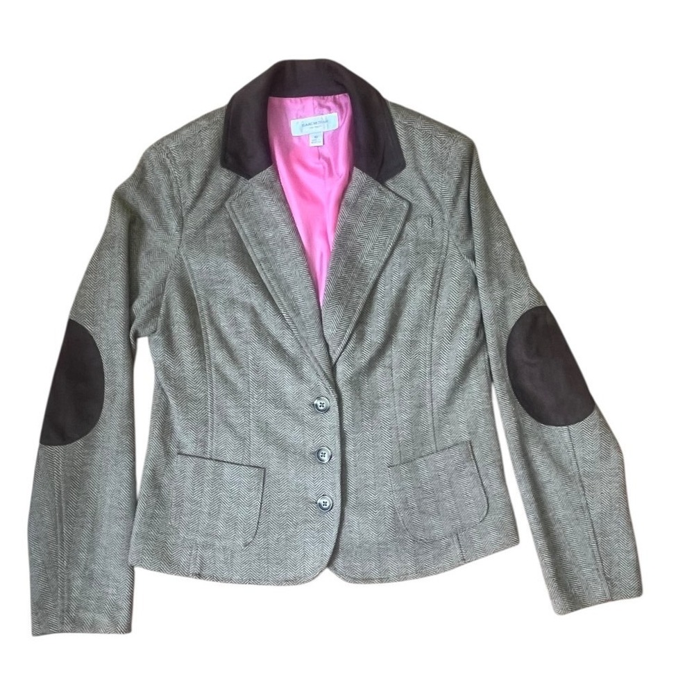 Isaac Mizrahi Target Herringbone Blazer Jacket Brown Suede Elbow Patches Size 10